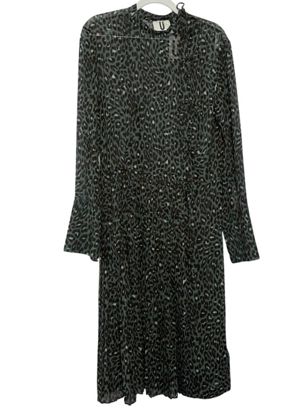 Topshop Unique Leopard Midi Dress Smocked Waist Long Sleeve Sheer Size US4